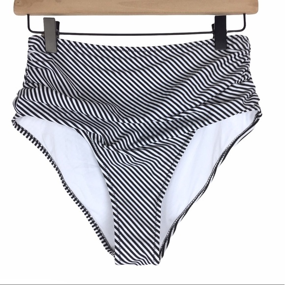 CUPSHE High Waisted Bikini Bottom Stripe Ruched Classic Black White Medium NWT - Picture 10 of 10